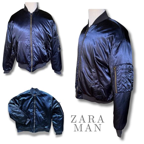 ZARA MAN Blue Satin Bomber Jacket Fall Winter Modern Urban StreetStyle Alt Indie - Picture 1 of 10